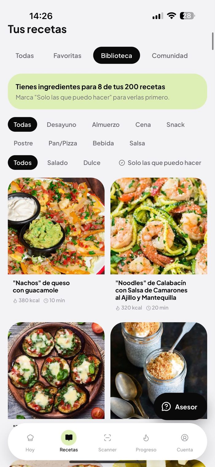 Biblioteca de 200+ recetas keto listas, filtradas según lo que tienes