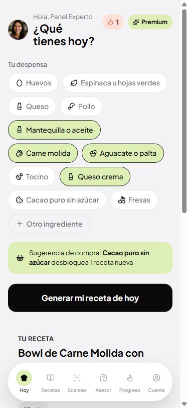 Pantalla Hoy de KetoDespensa mostrando la despensa del usuario