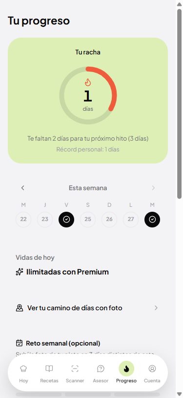 Pantalla de progreso con el círculo de racha de días