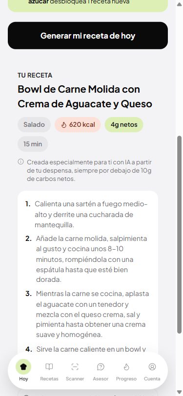 Receta keto generada por IA con pasos de preparación
