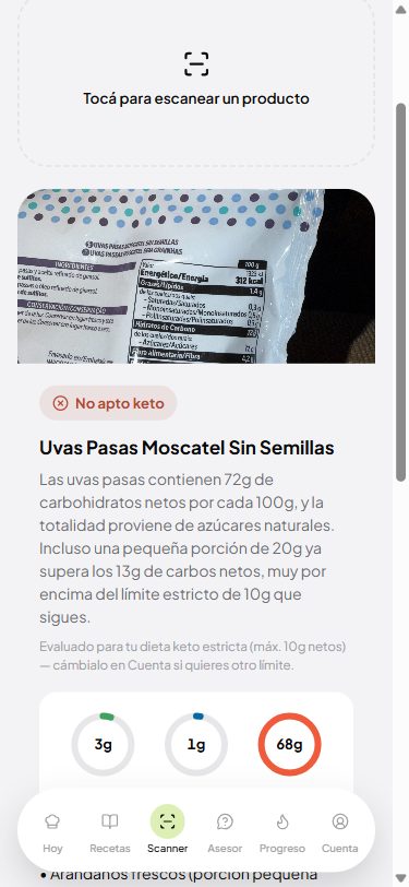 Resultado real del Keto Scanner leyendo la etiqueta de un producto